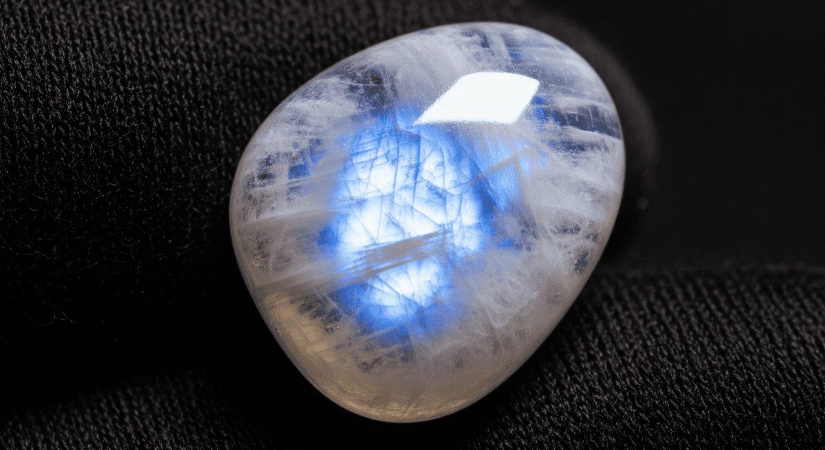 Photo poétique et gros plan d'un cabochon de pierre de lune bleue et blanche, posé sur un morceau de bois sombre. La pierre précieuse brille de l'intérieur et présente une forte iridescence, avec un arrière-plan flou et une lumière douce créant une atmosp