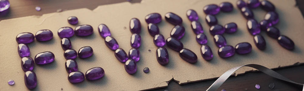 Février écrit avec la pierre de naissance de février : améthyste
