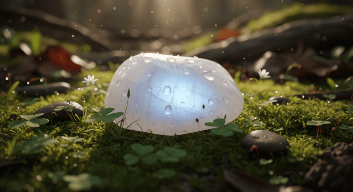 moonstone présentée sur un sol naturel recouvert de mousse et petites fleurs