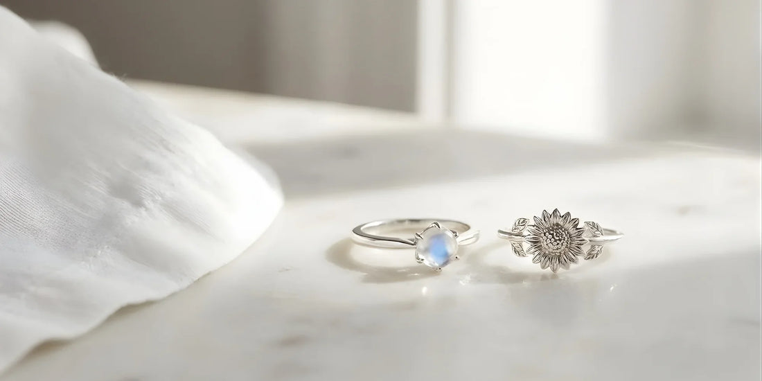 Deux bagues en argent 925 Séléne Céleste (solitaire pierre de lune et tournesol) parfaitement propres et brillantes après nettoyage, posées sur du marbre à côté d'un chiffon doux.