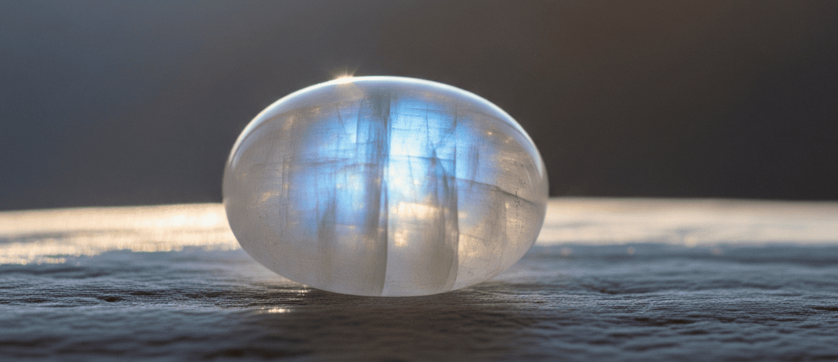 Photo poétique et gros plan d'un cabochon de pierre de lune bleue et blanche, posé sur un morceau de bois sombre. La pierre précieuse brille de l'intérieur et présente une forte iridescence, avec un arrière-plan flou et une lumière douce créant une atmosp