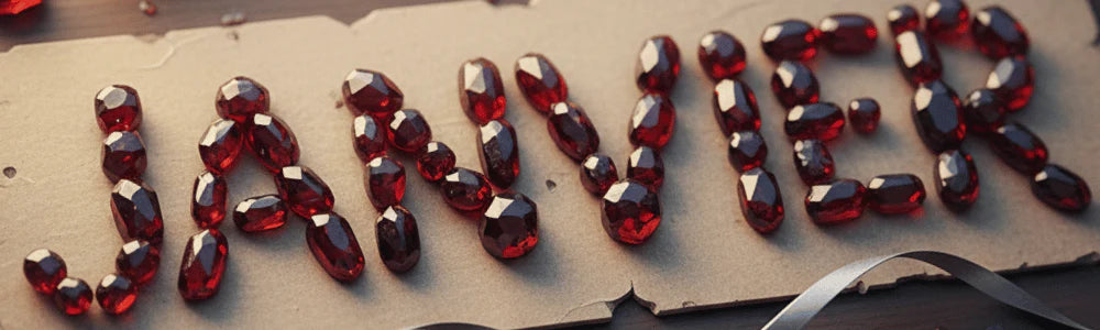 janvier écrit avec des pierres de naissance de janvier : grenat 