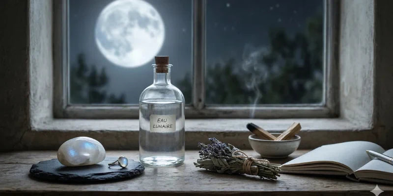 Photo poétique et gros plan d'un cabochon de pierre de lune bleue et blanche, posé sur un morceau de bois sombre. La pierre précieuse brille de l'intérieur et présente une forte iridescence, avec un arrière-plan flou et une lumière douce créant une atmosp