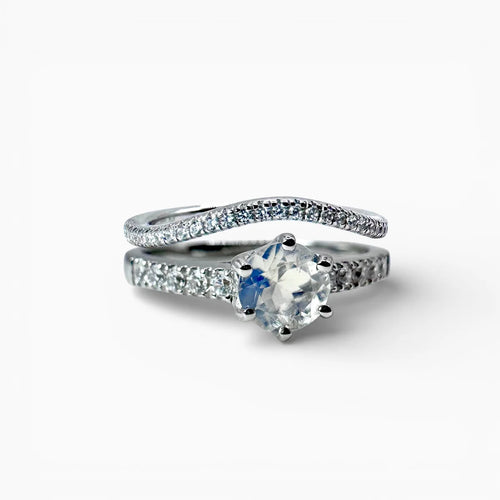 Duo bagues argent femme et pierre de lune véritable - Modèle Étreinte Lunaire Séléne Céleste
