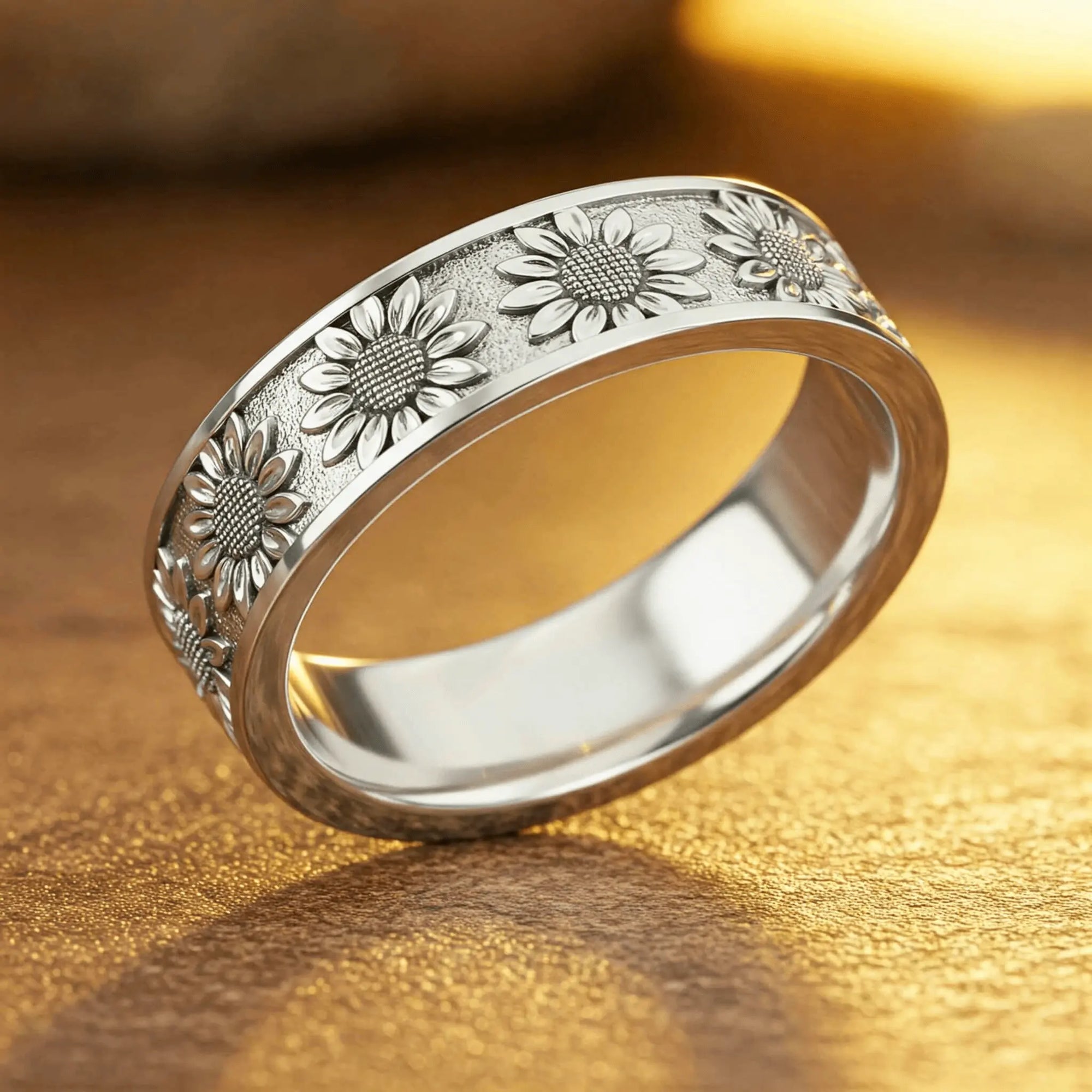 bague argent anneau fleur de tournesol gravée