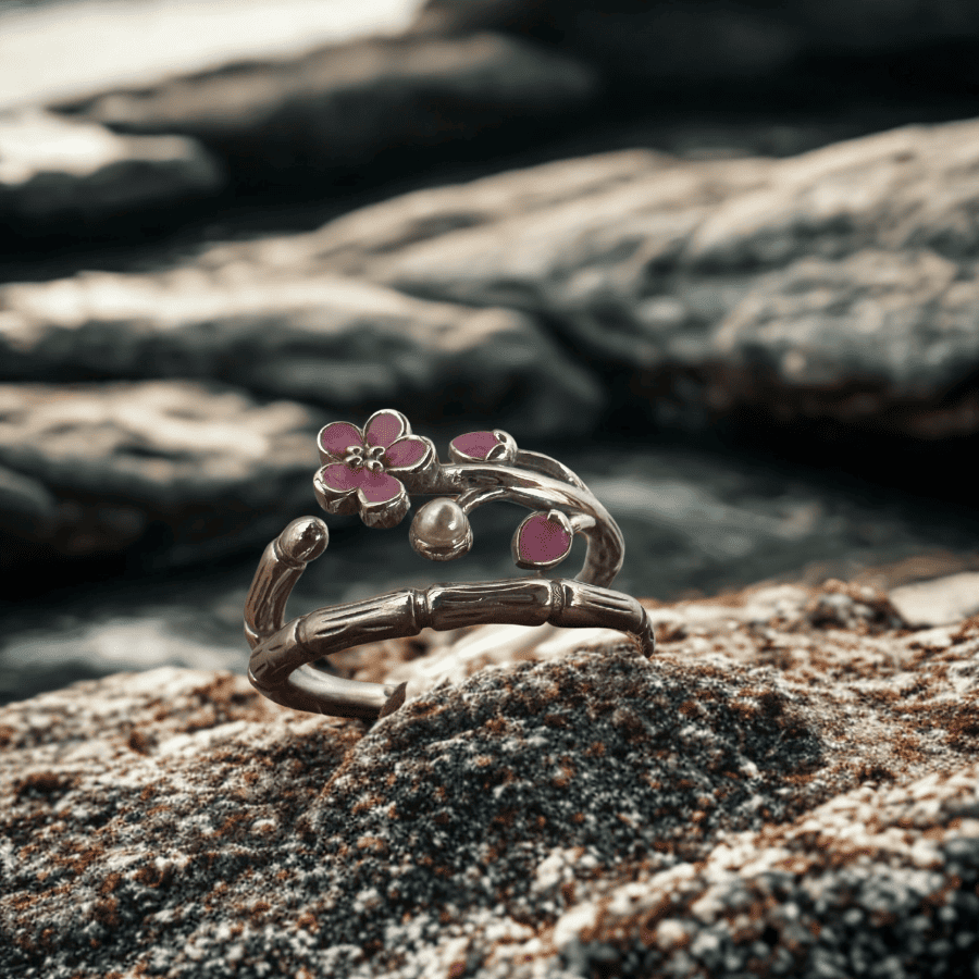 bague en argent 925 fantaisie - bague fleur rose et nacre