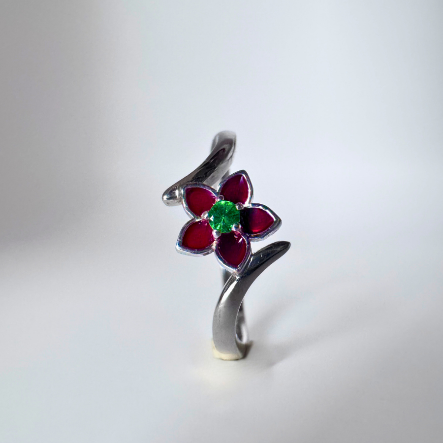 bague fleur rouge et tourmaline en argent 925 