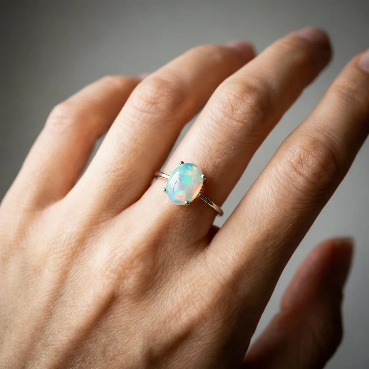 Bague opale argent portée au majeur, bijou femme style poétique et lumineux.