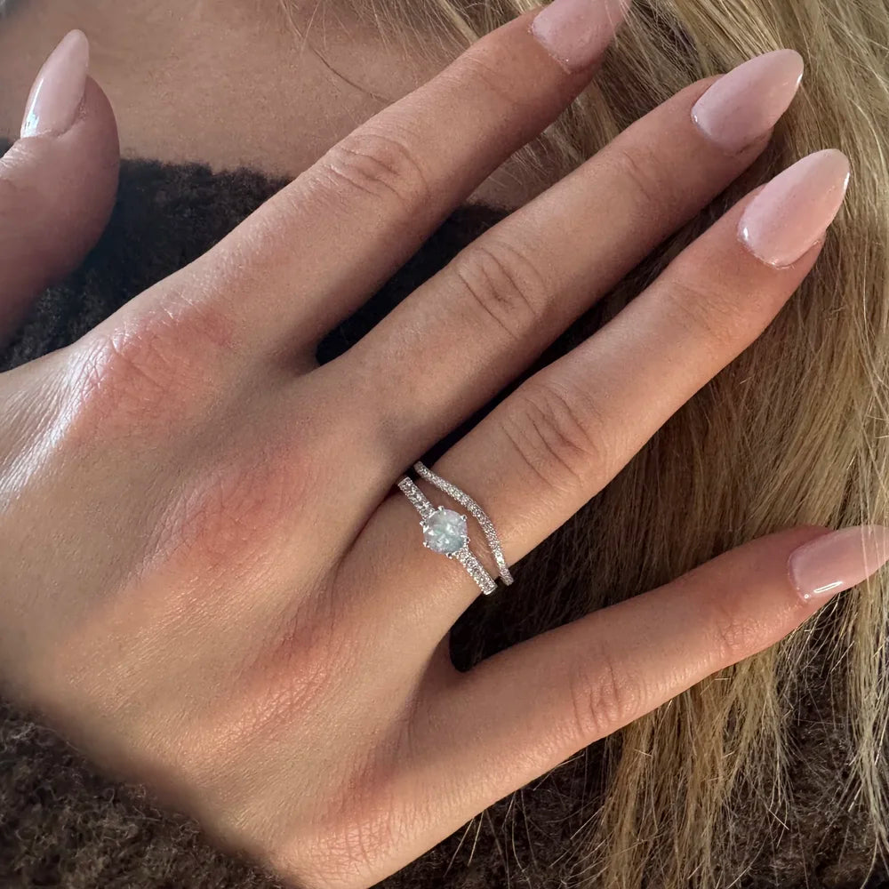 Parure bague solitaire pierre de lune et bague vague argent en accumulation