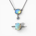 Parure complète bijoux femme : collier et bague en opale naturelle et argent. Duo lumineux aux reflets bleus irisés, modèle Séléne Céleste.