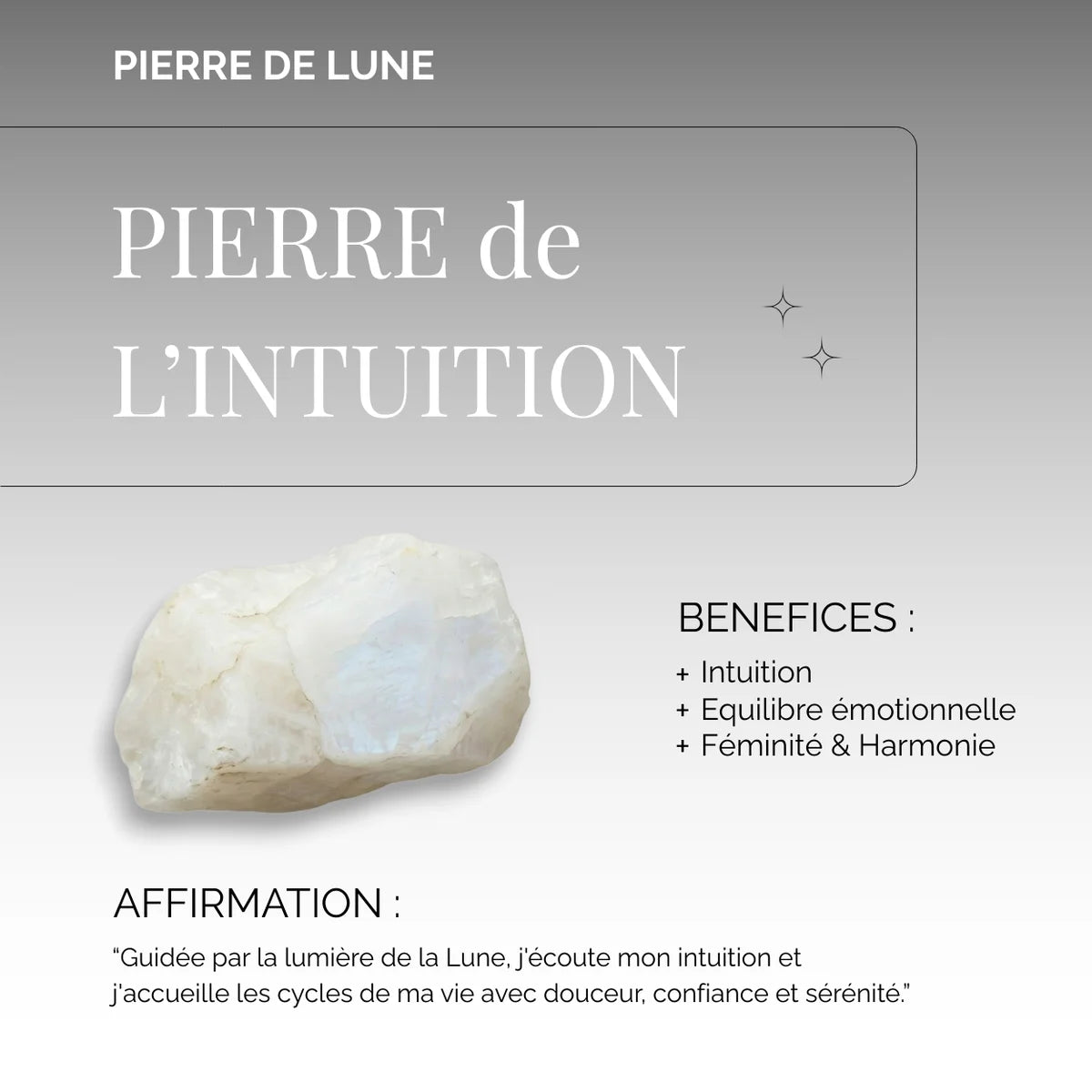 pierre de lune, pierre de l'intuition, pierre de féminité et d'équilibre émotionnel en lithothérapie.