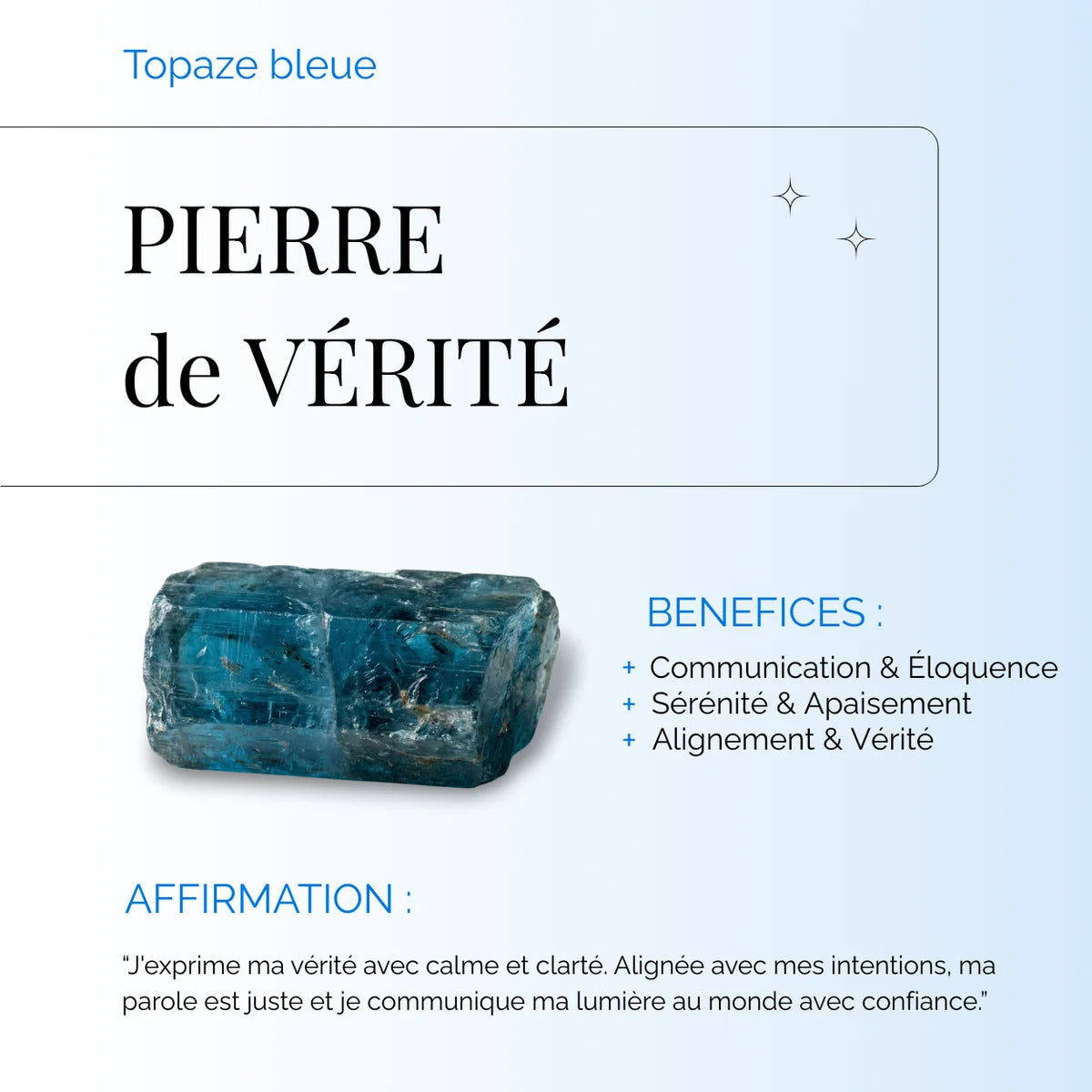 Infographie vertus topaze bleue « Pierre de Vérité », bienfaits communication, éloquence et alignement.