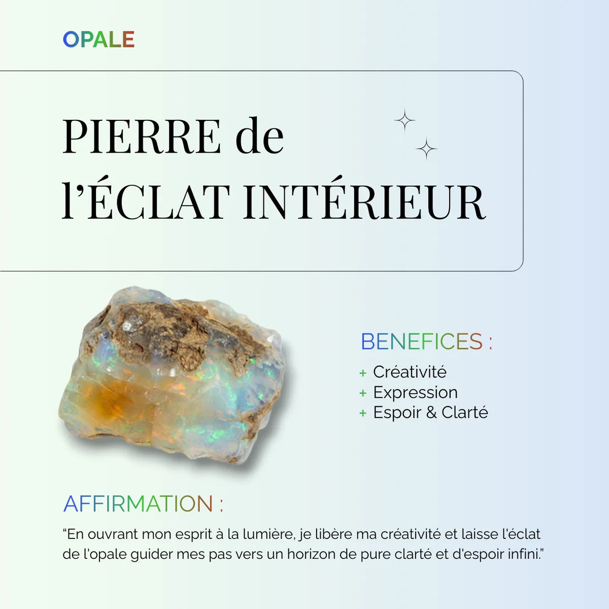 Infographie sur les bienfaits de l'Opale : pierre de créativité, d'expression et de clarté intérieure.